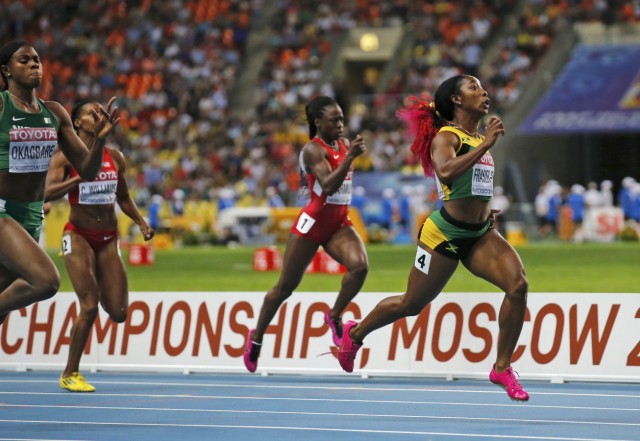 Fraser-Pryce of Jamaica runs in the women's 200 metres final during the IAAF World Athletics Championships in Moscow