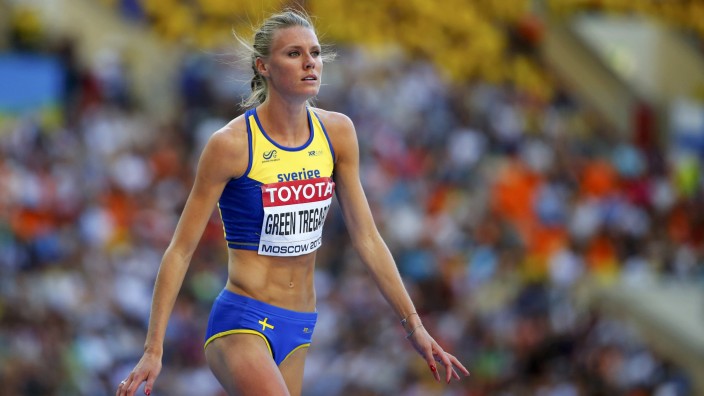 Green Tregaro of Sweden competes during women's high jump final at World Athletics Championships in Moscow