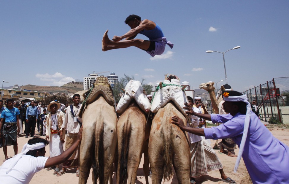 A Bedouin man jumps over camels during the Sanaa Summer Festival in Sanaa