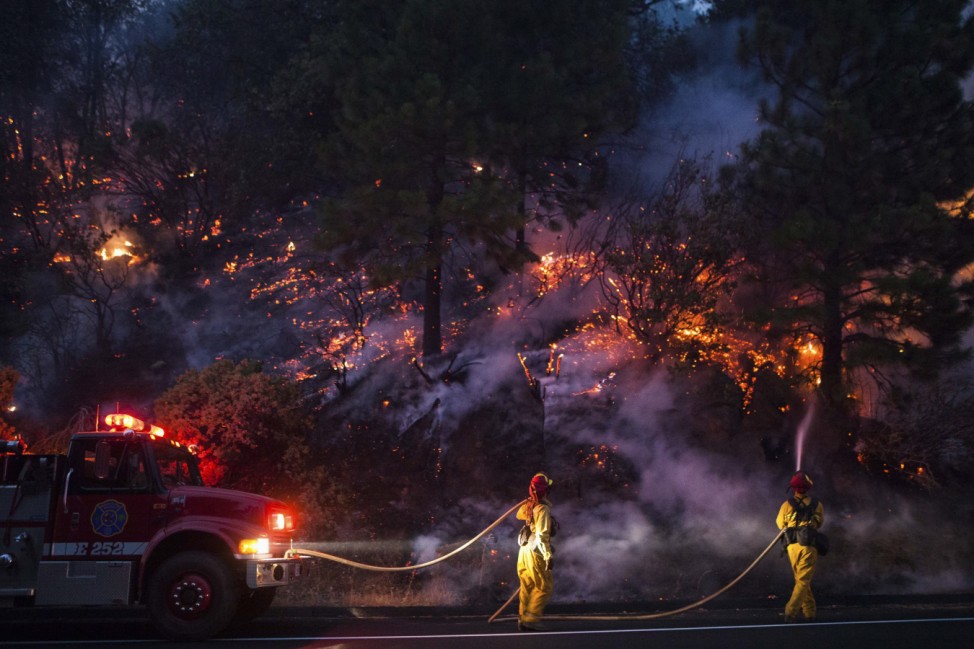 Firefighters work to prevent the Rim Fire from jumping Highway 120 near Buck Meadows, California