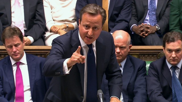 Britain's Prime Minister David Cameron is seen addressing the House of Commons in this still image taken from video in London