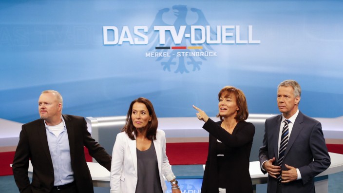 Television anchorman Raab of ProSieben and colleagues Will of ARD, Illner of ZDF and Kloeppel of RTL television channels pose for the media during a preview photocall in Berlin