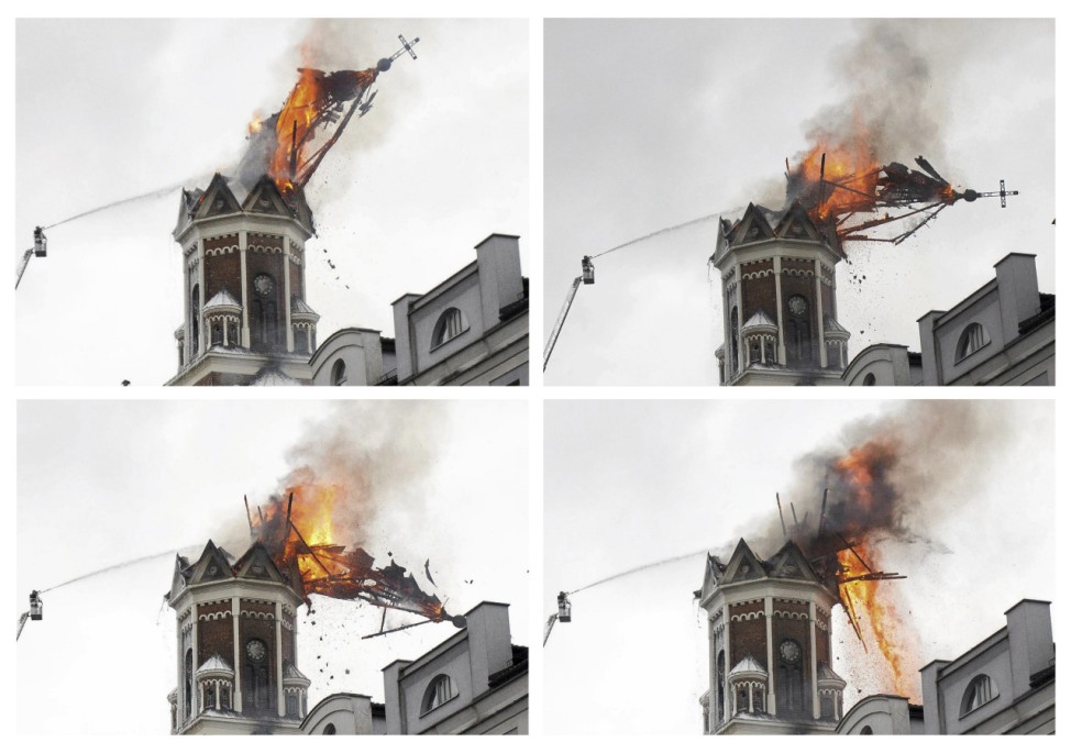 Combination picture shows the spire of Saint Wojciech church collapsing as firefighters work to extinguish a fire at the church in Bialystok, eastern Poland