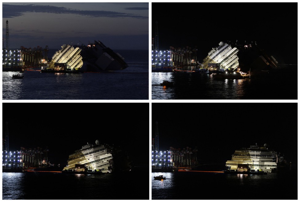 A combination photo shows the capsized cruise liner Costa Concordia during and at the end of the 'parbuckling' operation outside Giglio harbour