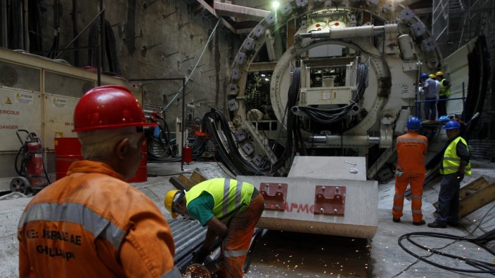 Athens Metro construction workers prepare to operate a Tunnel Bor