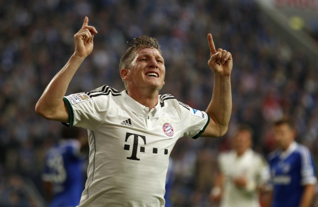 Bayern Munich's Schweinsteiger celebrates a goal against Schalke 04 during the German first division Bundesliga soccer match in Gelsenkirchen