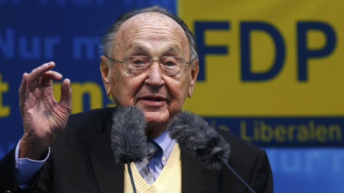Genscher of the liberal Free Democratic Party (FDP) speaks during an election rally of FDP top candidate for the upcoming general elections, Bruederle, in Frankfurt