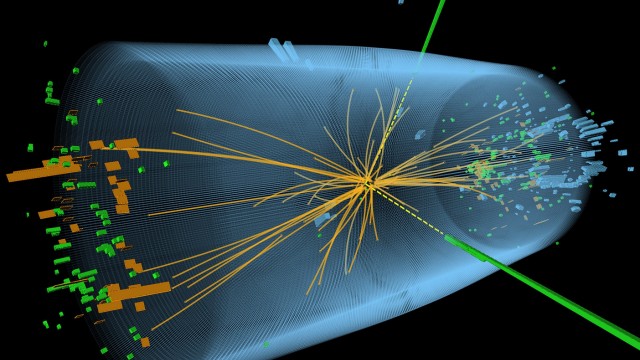 Nobelpreis für Physik: Eine Grafik des Cern illustriert die Vorgänge bei einer Kollision von Protonen iim CMS-Experiment. Mit solchen Experimenten konnten die Forscher die Existenz der Higgs-Bosonen - fast - eindeutig belegen.