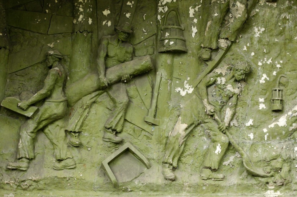 A bas-relief is seen at a derelict coal mine in Aninoasa, west of Bucharest