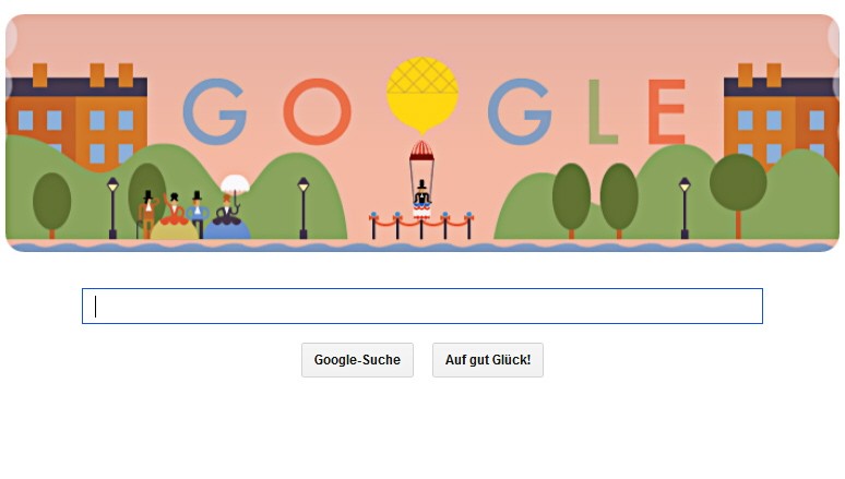 Das Google-Doodle zeigt, wie André-Jacques Garnerin mit seinem Heißluftballon abhebt.