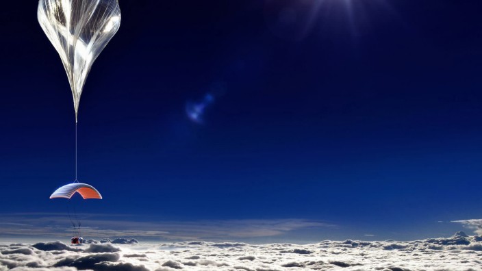 An artist rendering shows a six-passenger, two-pilot pressurized capsule in a near-space balloon-launched ride that is being designed to fly in Earth's stratosphere