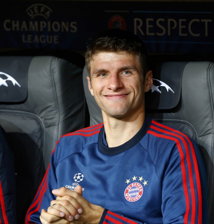 Bayern Munich's Mueller sits on the bench before the start of his team's Champions League soccer match against Viktoria Plzen in Munich