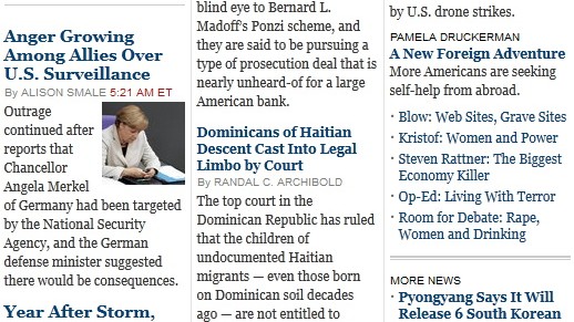 US-Medien zum möglichen Abhör-Skandal: Nur eine kleine Meldung unter vielen: Der Abhör-Skandal auf der Homepage der New York Times