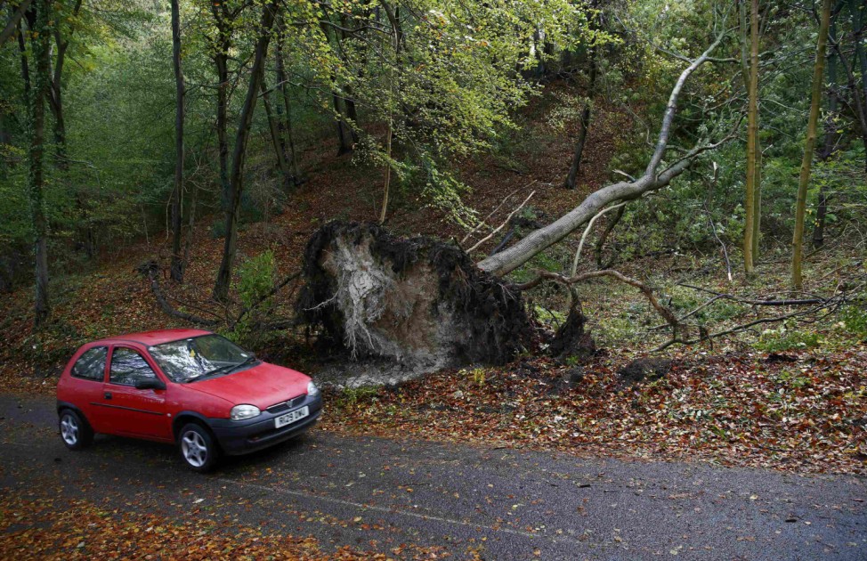 A car drives past an toppled tree in Chinnor in southern England