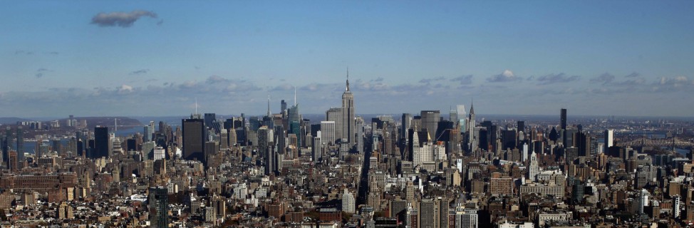 View of Manhattan skyline is seen from the 57th floor of the soon to be opened 4 World Trade Center tower in New York