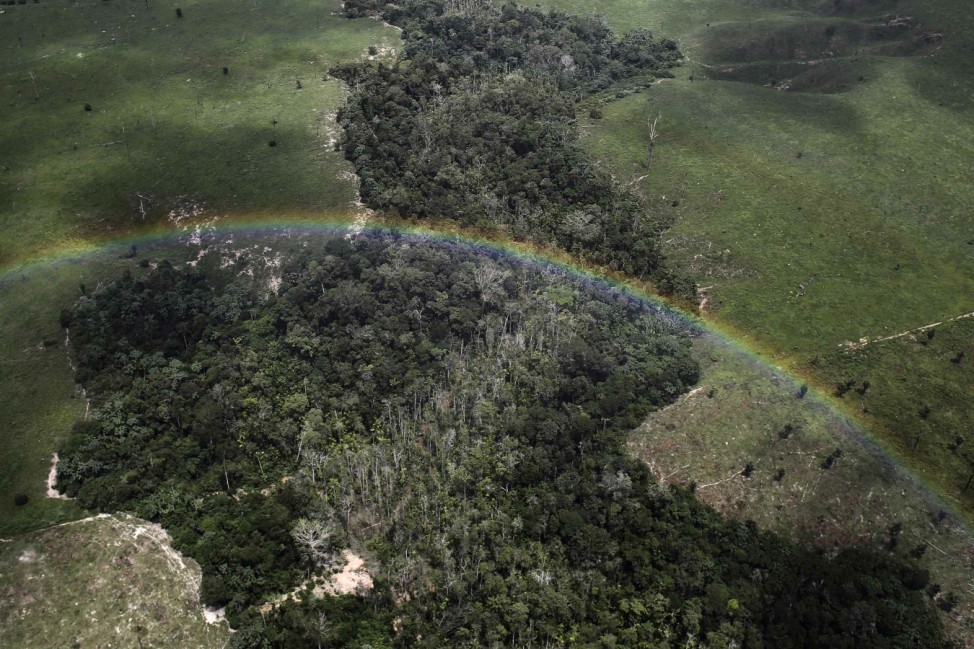A rainbow is seen over a tract of Amazon rainforest which has been cleared by loggers and farmers for agriculture, near the city of Uruara