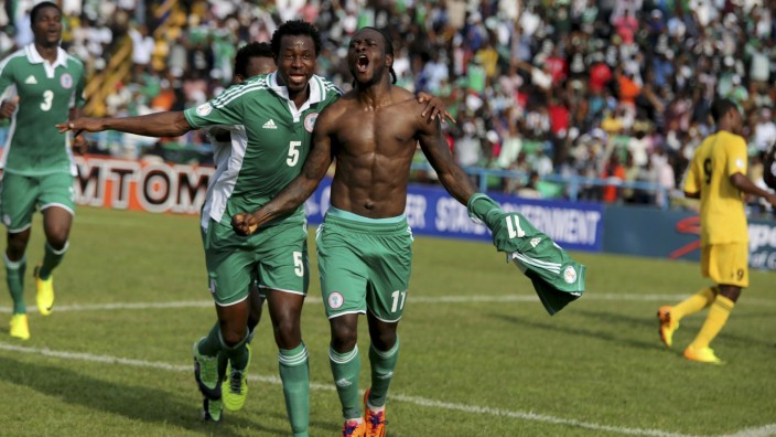Victor Moses of Nigeria celebrates after scoring a goal against Ethiopia during their 2014 World Cup qualifying playoff soccer match in Calabar