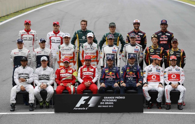 Formula One drivers pose for a group picture ahead of the Brazilian F1 Grand Prix at the Interlagos circuit in Sao Paulo