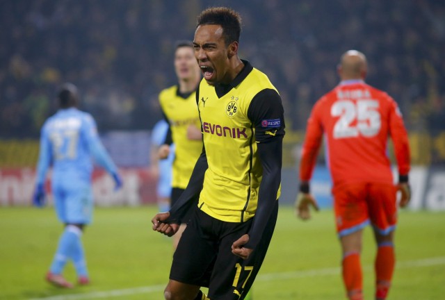 Borussia Dortmund's Aubameyang celebrates after he scored a goal against Napoli during their Champions League group F soccer match in Dortmund