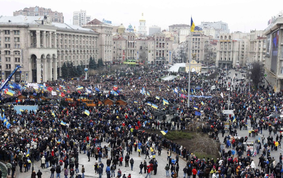 An aerial view shows the Maidan Nezalezhnosti or Independence Square crowded by supporters of EU integration during a rally in Kiev