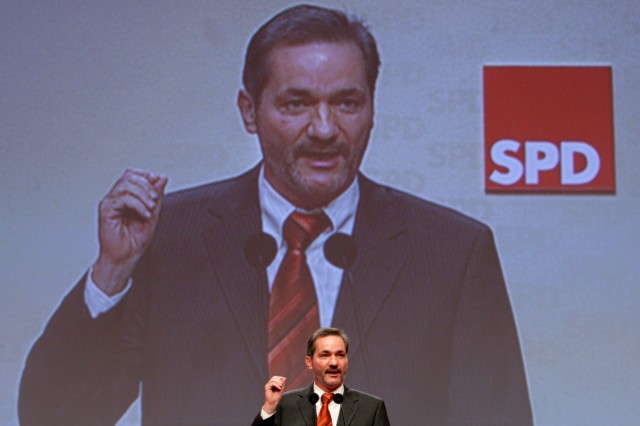 Designated Social Democratic Party leader Platzeck addresses the SPD party meeting in Karlsruhe