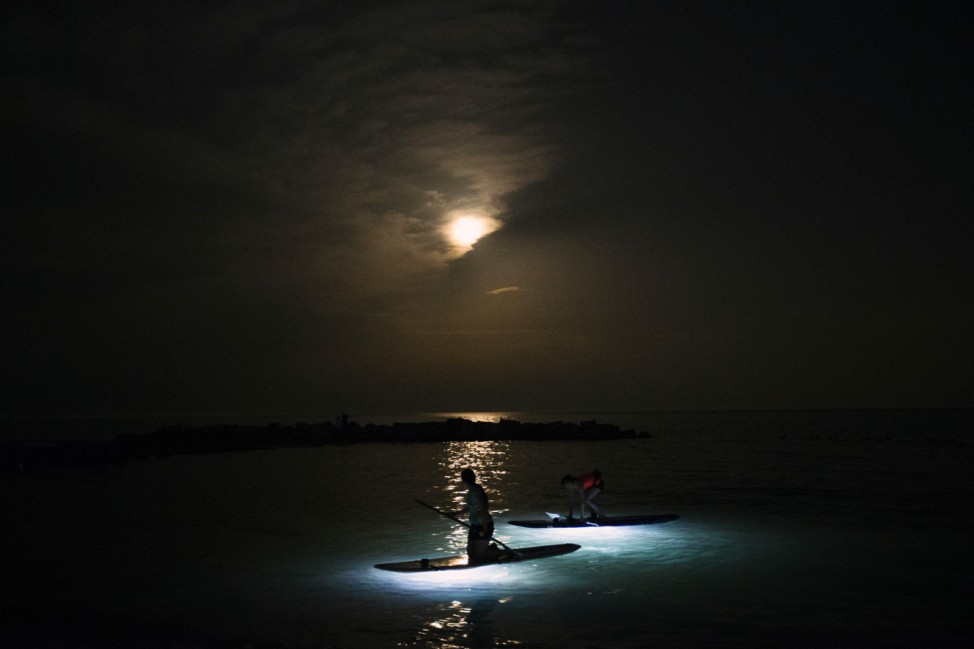 People paddle illuminated paddle boards in the moon light as it rises over the Toronto Beaches