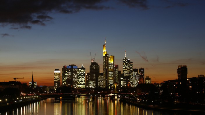 Characteristic skyline of Frankfurt with its banking towers is photographed in Frankfurt