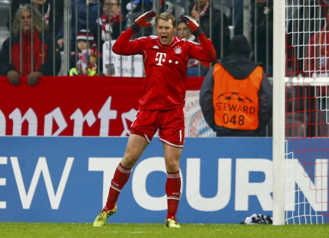 Bayern Munich's goalkeeper Neuer reacts during their Champions League Group D soccer match against Manchester City in Munich