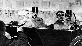 Die Ermordung des österreichischen Thronfolgers Franz Ferdinand und seiner Frau, der Herzogin Sophie von Hohenberg in Sarajewo  1914