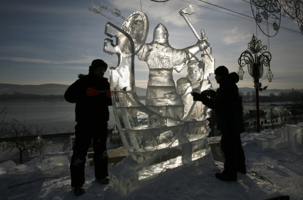 Participants take part in the 2nd International festival of snow and ice sculpture called 'The Magical Ice of the Siberia' in Krasnoyarsk