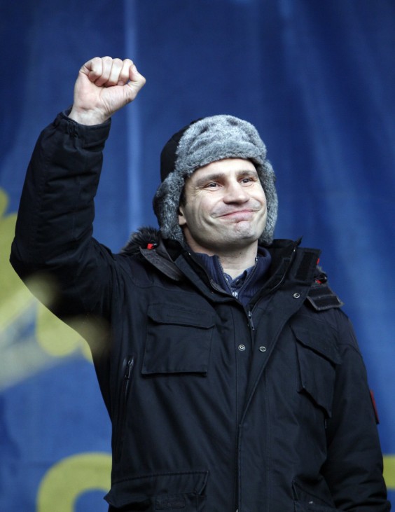 Opposition leader Klitschko gestures to the crowd during a pro-European rally on Independence Square in Kiev