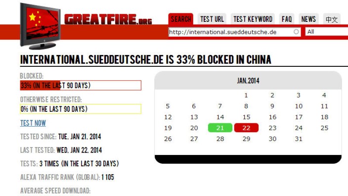 Internet: Am Dienstag noch erreichbar, seit der Offshore-Leaks-Berichterstattung blockiert: die Webseite der SZ in China - zeigt der Screenshot von GreatFire.org.