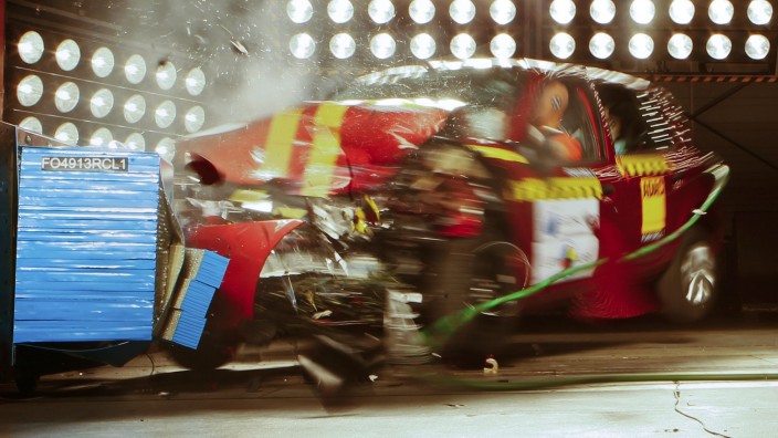 A car is frontal-crashing during a test at the laboratory of the German motor club ADAC in Landsberg am Lech