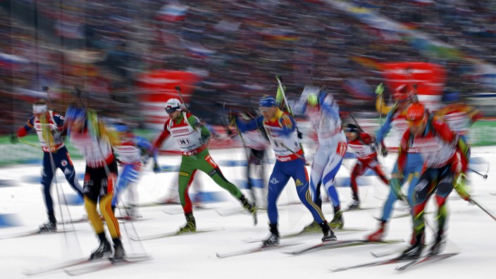 Competitors start in the men's 4x7.5 km relay during the International Biathlon Union World Championships in Nove Mesto