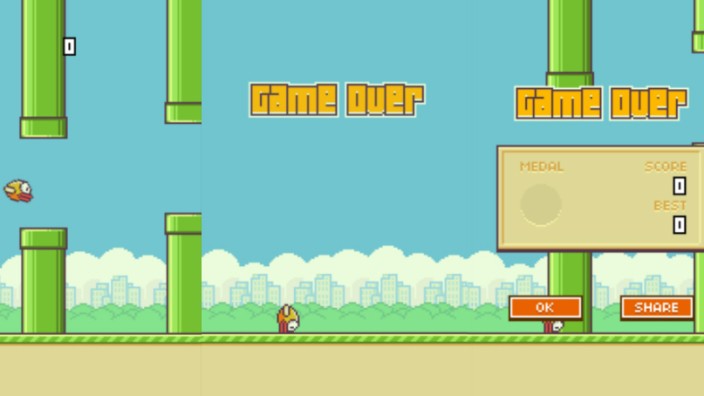 Geschicklichkeitsspiel Flappy Bird: Game Over geht ganz schnell bei Flappy Bird.