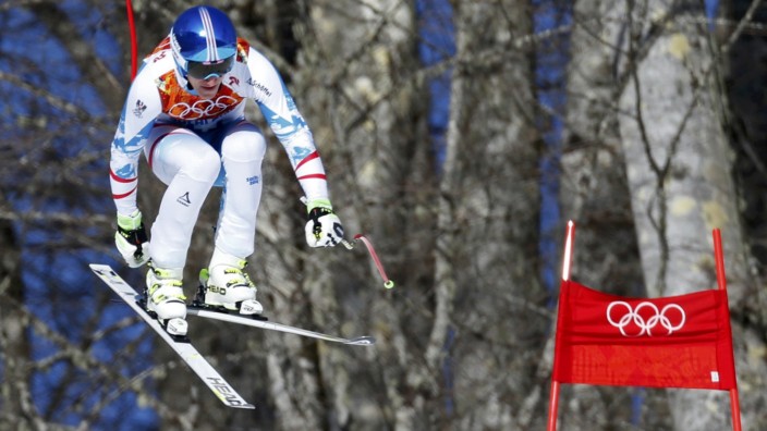Austria's Mayer takes a jump at a training session for the men's alpine skiing downhill race during the 2014 Sochi Winter Olympics at the Rosa Khutor Alpine Center