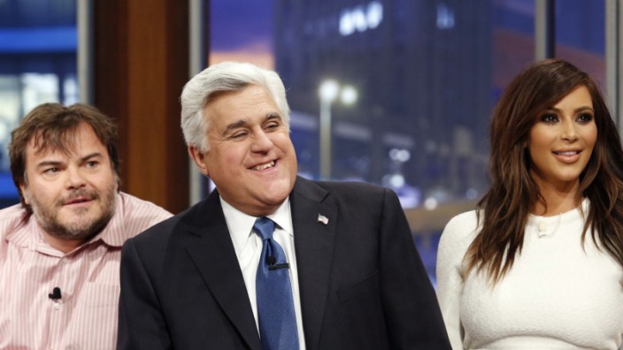 Jay Leno sits with guests Jack Black and Kim Kardashian on his final night hosting 'The Tonight Show with Jay Leno' in Burbank, California