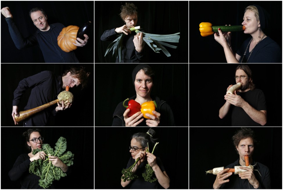 A combination picture shows musicians from the Vegetable Orchestra posing with their instruments which are made from vegetables, in Haguenau, eastern France