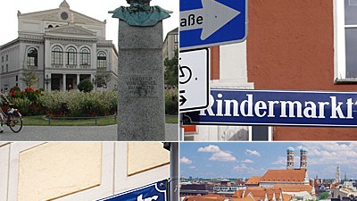Münchner Straßennamen: Gärtnerplatz, Rindermarkt, Stachus, Schäfflerstraße (von links oben im Uhrzeigersinn): Hinter den Münchner Straßennamen stecken 850 Jahre Geschichte.
