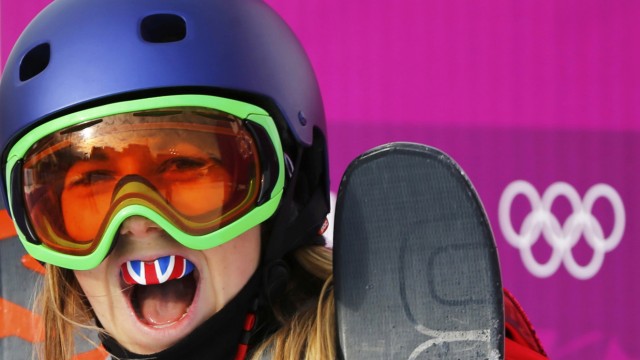 Britain's Katie Summerhayes reacts at the finish line during the women's freestyle skiing slopestyle qualification event at the Sochi 2014 Winter Olympics in Rosa Khutor