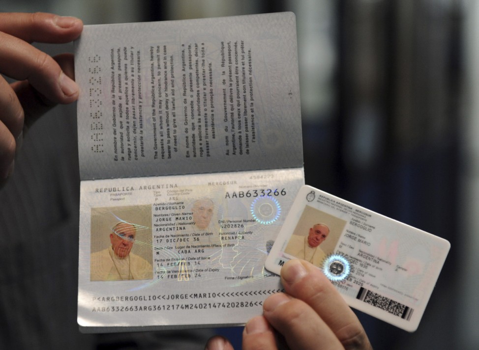 Handout photo of Pope Francis' new national identification card and passport