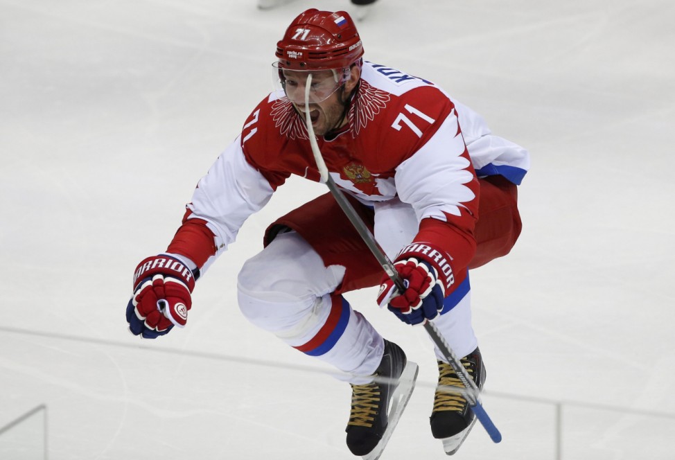 Russia's Kovalchuk celebrates his goal against Finland during the first period   of their men's quarter-finals ice hockey game at the 2014 Sochi Winter Olympic Games