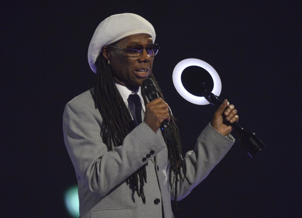 Singer Nile Rodgers accepts the International Group award on behalf of Daft Punk at the BRIT Awards in London