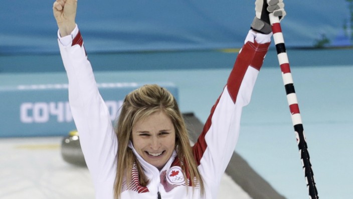 Canada's skip Jennifer Jones celebrates after winning in their women's gold medal curling game against Sweden at the Ice Cube Curling Centre during the Sochi 2014 Winter Olympics