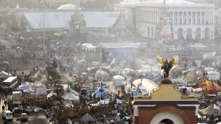 Aerial view shows the anti-government protesters camp in Independence Square in central Kiev