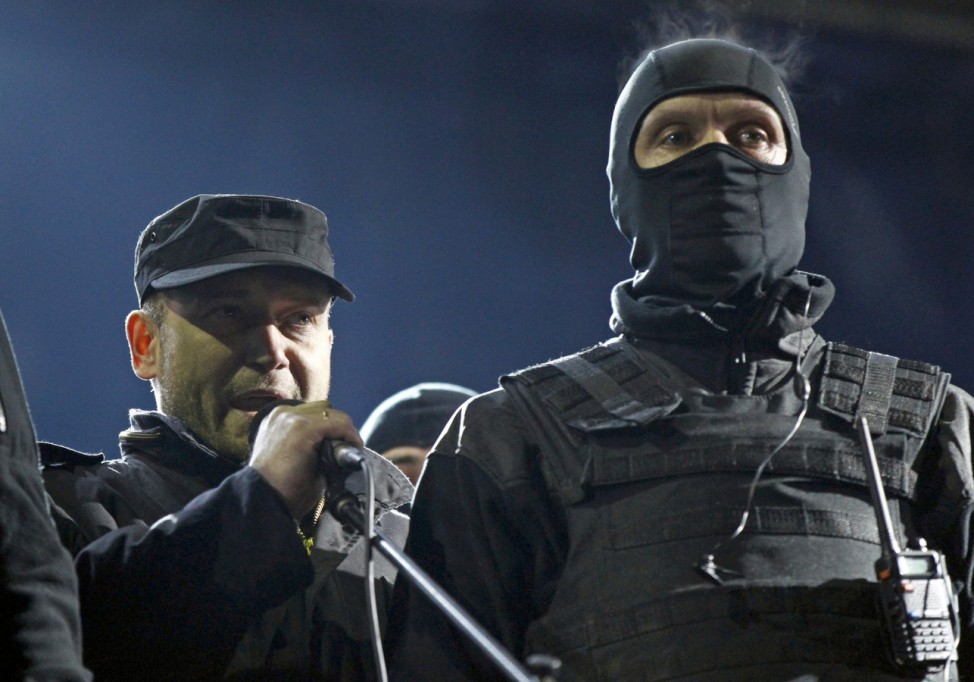 Yarosh, a leader of the Right Sector movement addresses during a rally in central Independence Square in Kiev