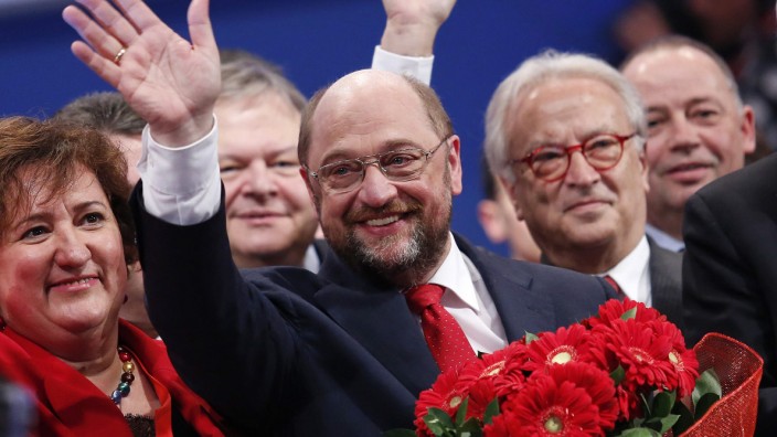 European Parliament President Schulz waves during a pre-election congress of the Party of European Socialists (PES) in Rome