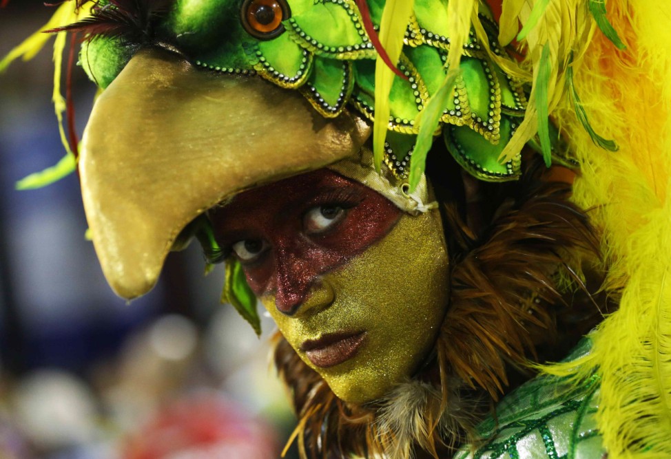 A reveller of the Salgueiro samba school participates in the annual Carnival parade in Rio de Janeiro's Sambadrome
