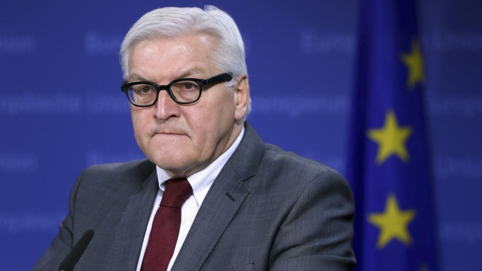 German Foreign Minister Steinmeier holds a news conference after a European Union emergency foreign ministers meeting in Brussels on the situation in Ukraine