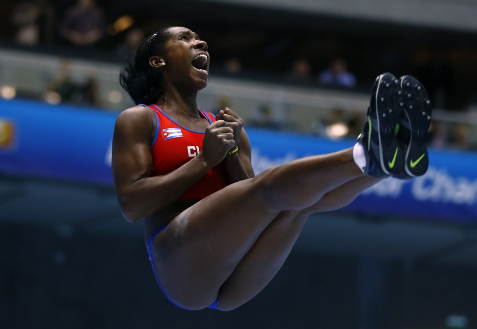 Cuba's Silva celebrates winnning the women's pole vault final at world indoor athletics championships in Sopot